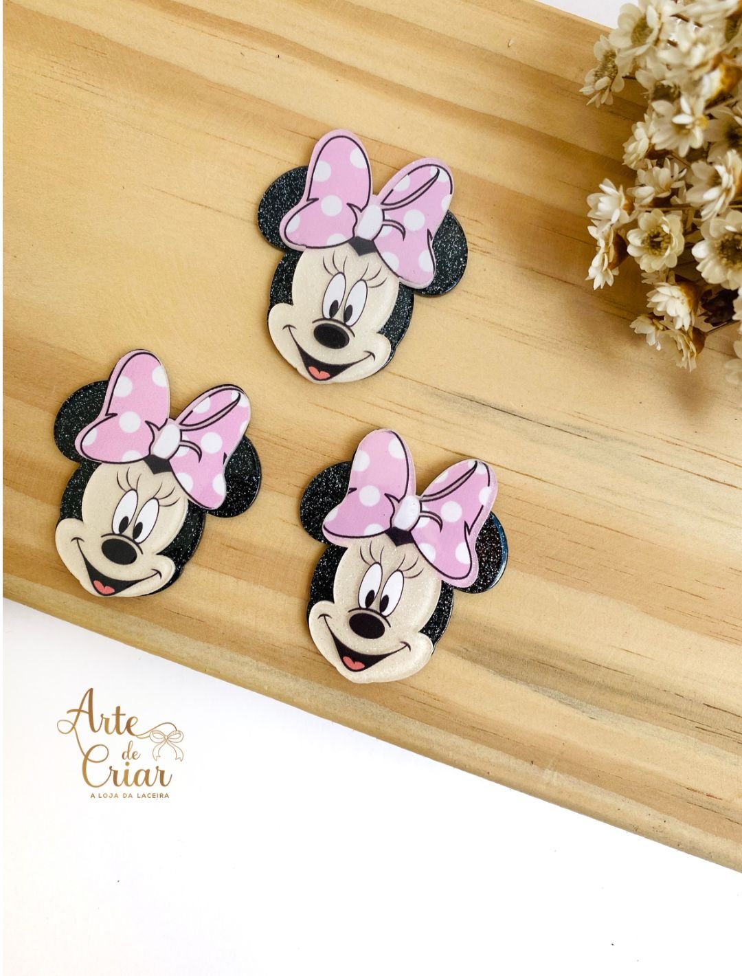 Aplique de resina c/ gliter Minnie rosa