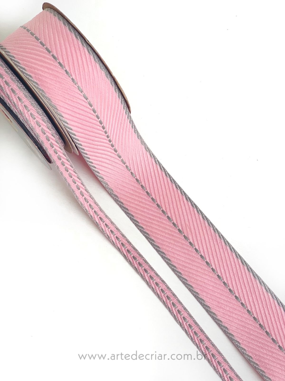 Fita c/ pesponto no meio rosa/cinza (peça com 5 metros)
