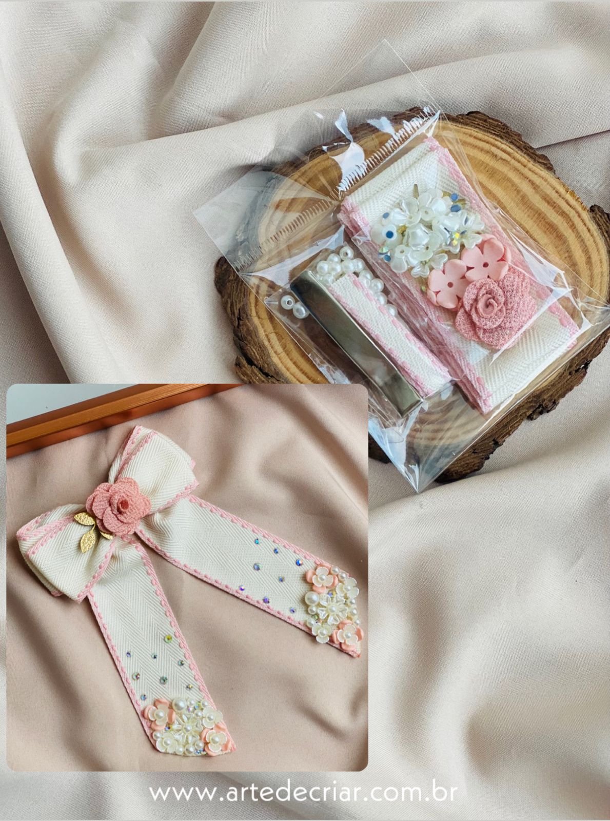 Kit laço c/ pontas bege/rosé
