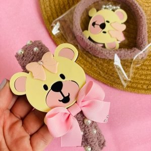 Kit tiara de pelúcia urso bege c/ rosa - Imagem 1