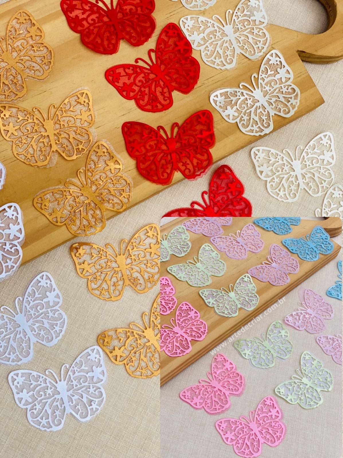 Aplique Borboleta rendada de cetim e organza 6cm. (2 pares)