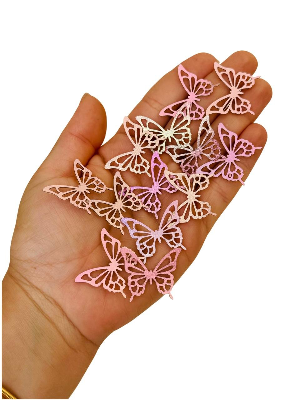 Aplique Borboleta de lonita vazada rosa holográfica 3x2,5cm. (2 und)