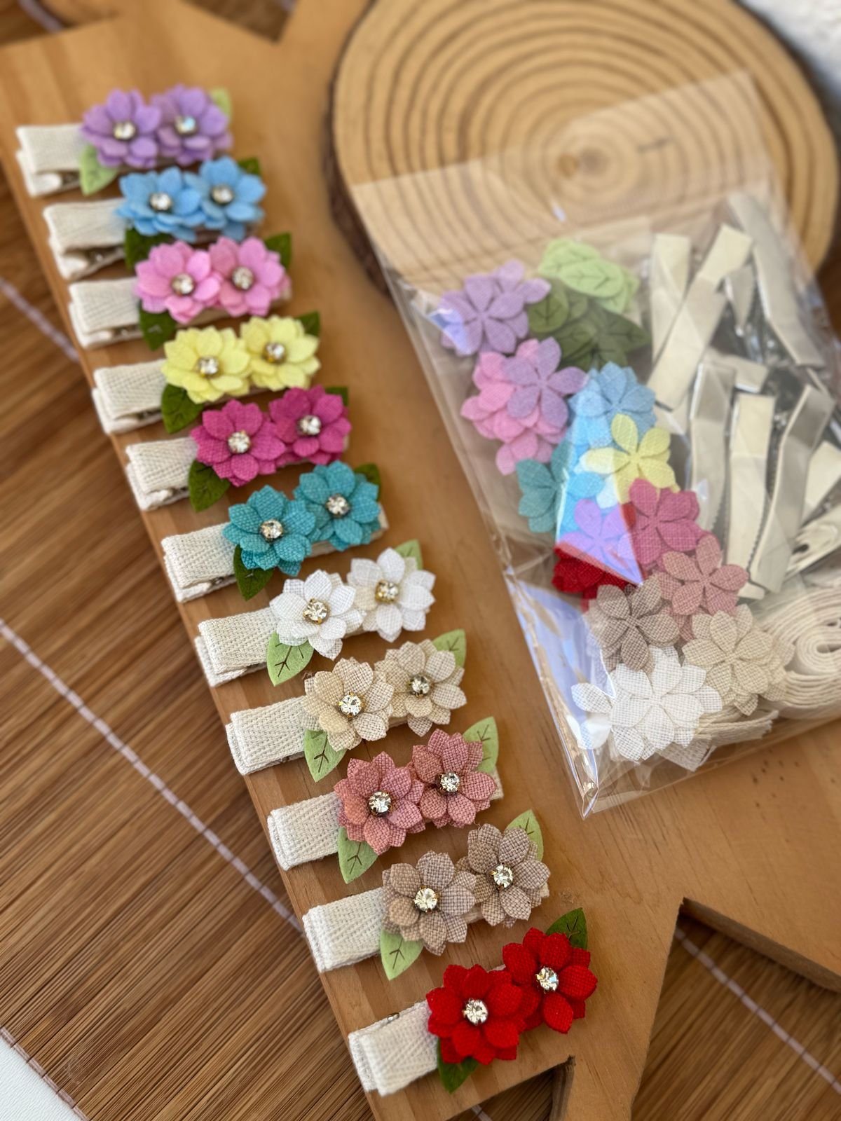 Kit p/ montagem mini hair clips flores de linho 5cm (11 cores)