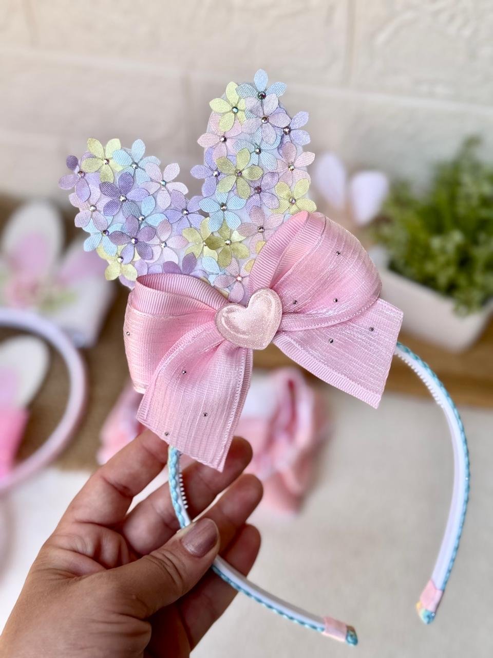 Kit p/montagem tiara orelha de coelho floral candy