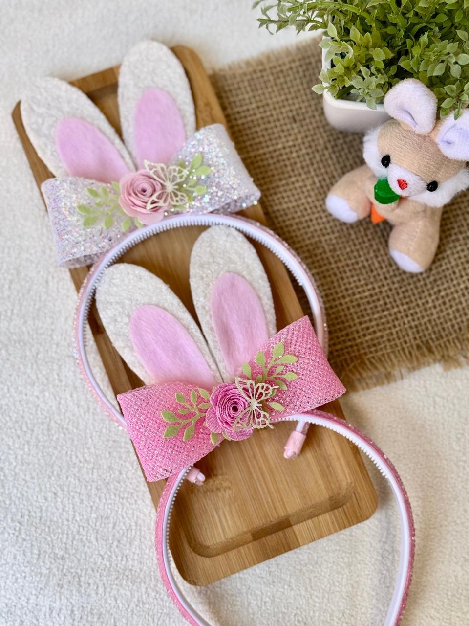 Kit p/montagem tiara de coelho com laço estruturado de gliter