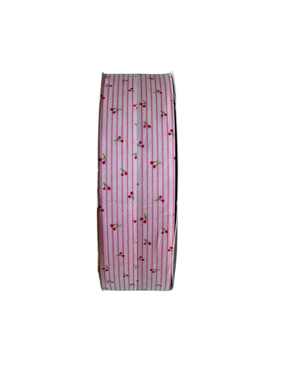 Fita tecido estampa cereja rosa bebê 38mm