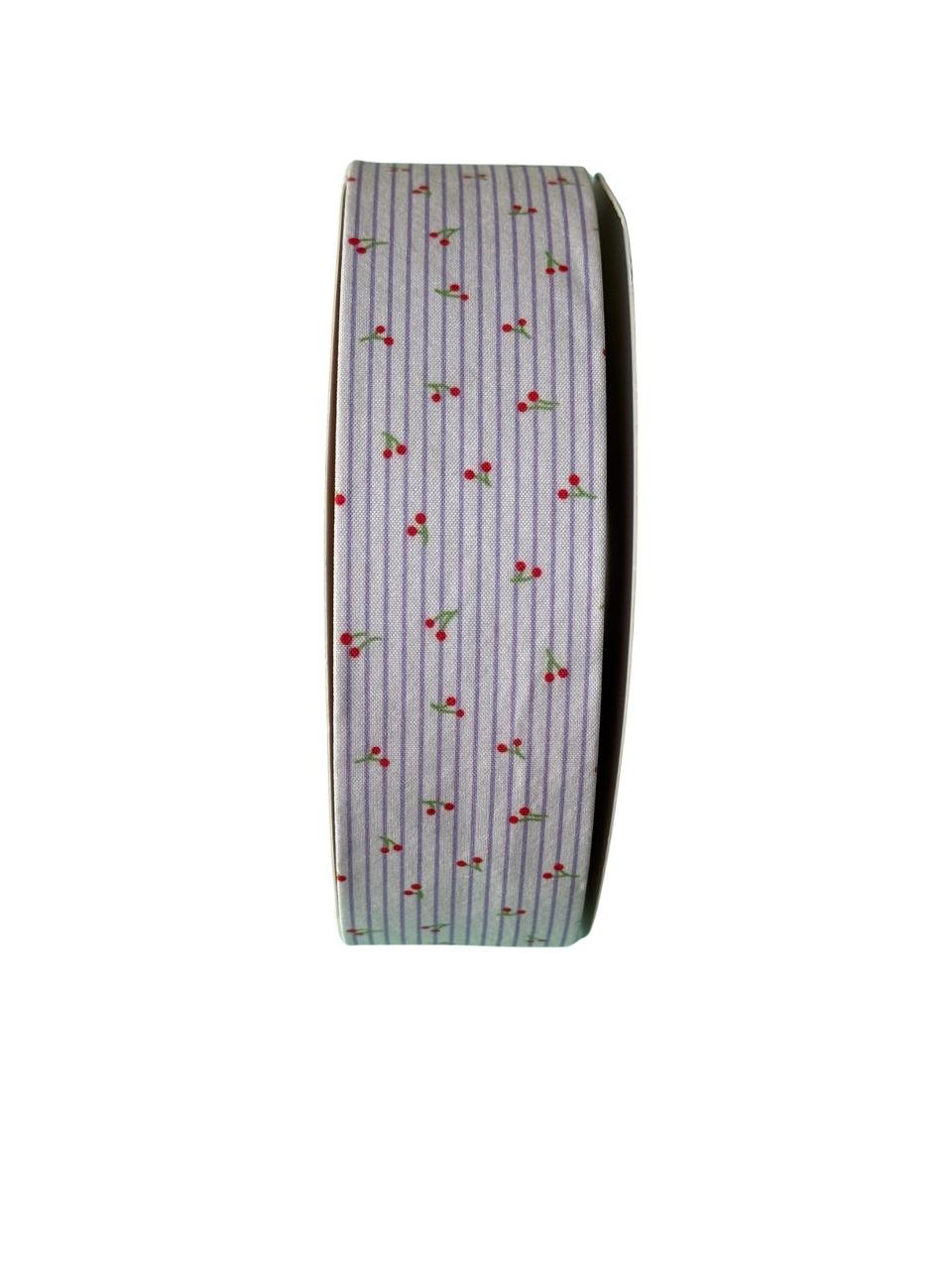 Fita tecido estampa cereja lilás 38mm