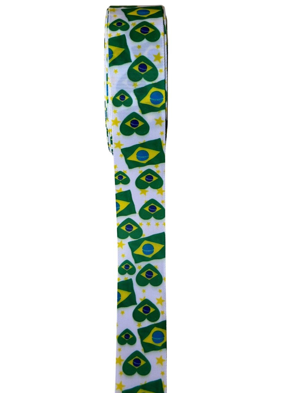 Fita importada estampa Brasil coração+bandeira 38mm