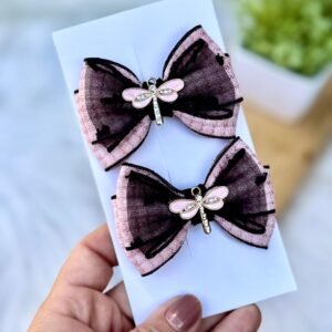 Kit para montagem par de lacinho xadrez rosé com preto e libélula rosa - Imagem 1