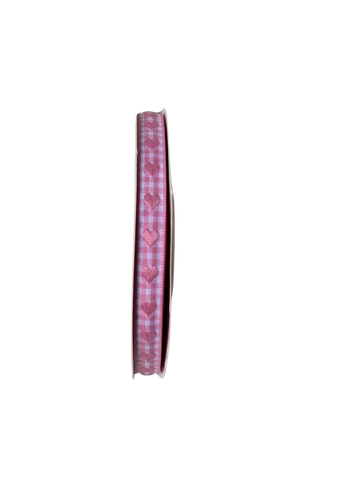 Fita xadrez coração bordado rosa bebê 10mm
