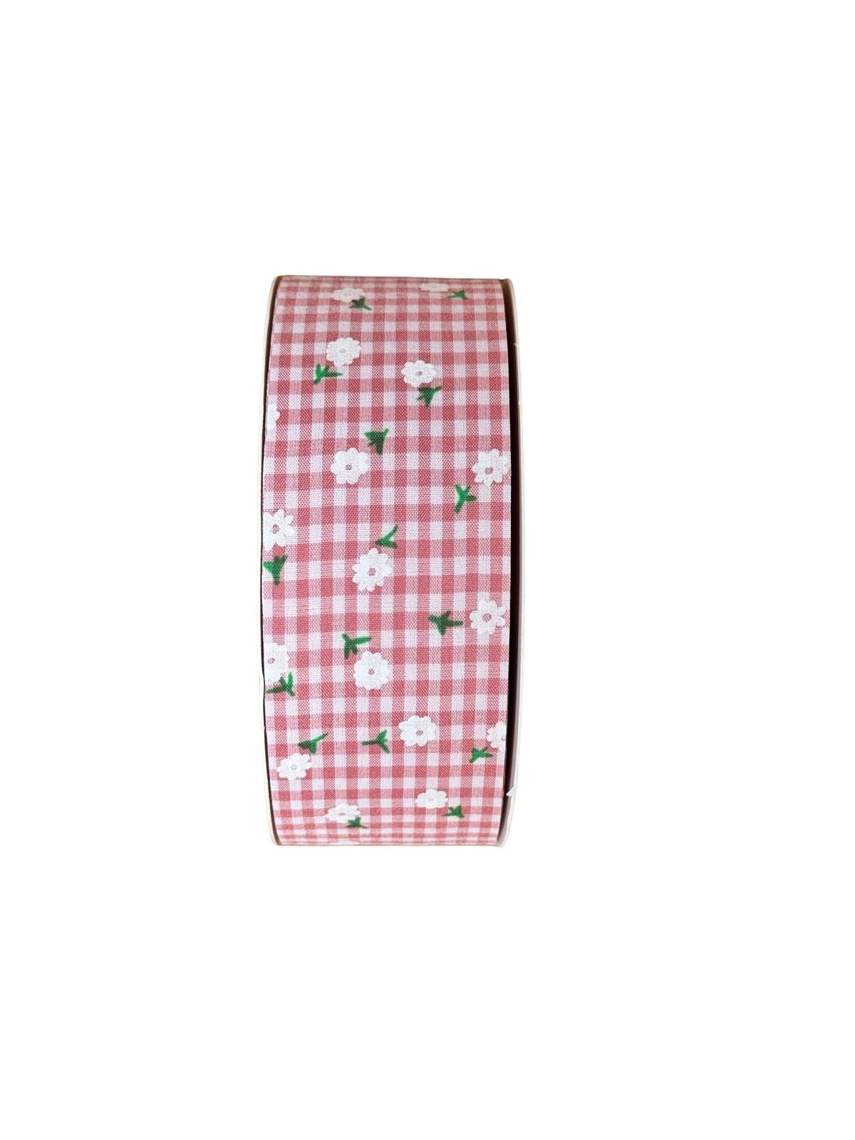Fita xadrez dupla face com margarida 38mm rosa