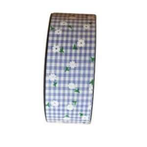 Fita xadrez dupla face com margarida 38mm azul bebê - Imagem 1