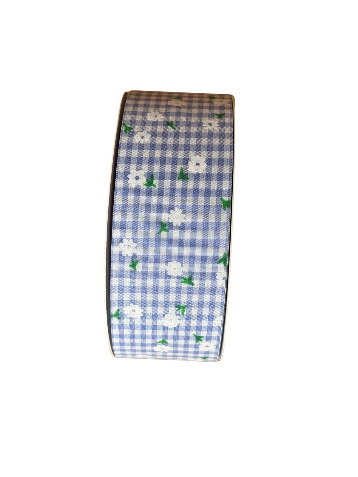 Fita xadrez dupla face com margarida 38mm azul bebê