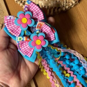 Kit parzinho de laço junino flor dupla com botão rosa com azul turquesa - Imagem 2
