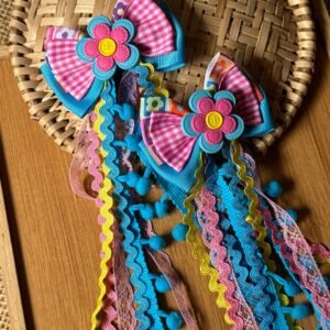 Kit parzinho de laço junino flor dupla com botão rosa com azul turquesa - Imagem 1