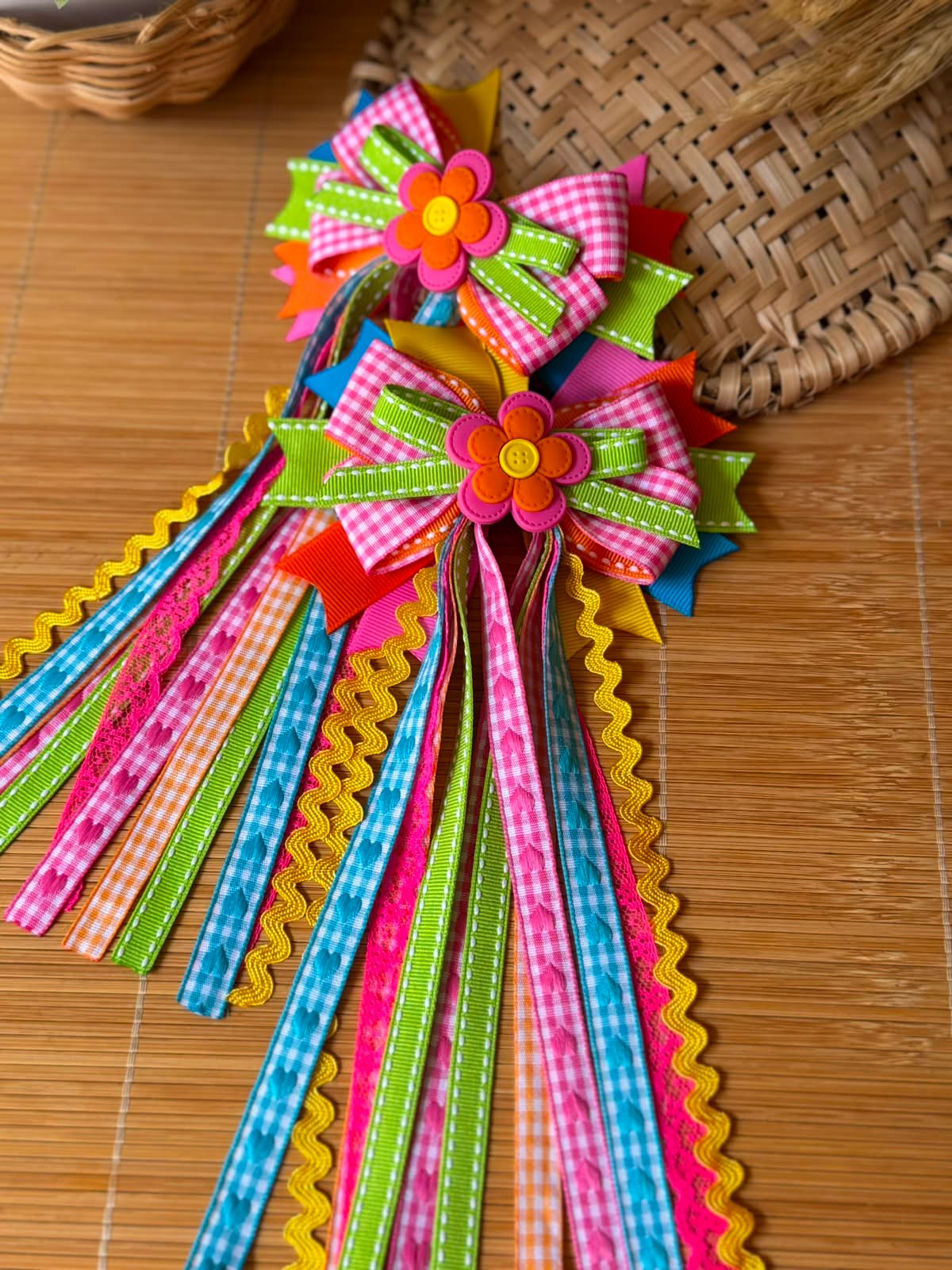 Kit parzinho de laço junino Flor rosa com laranja
