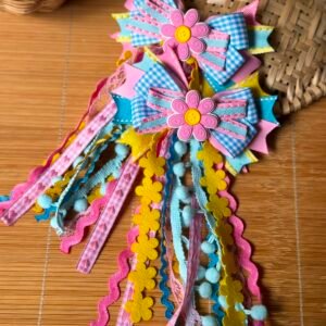 Kit parzinho de laço junino Flor rosa bebê com xadez azul turquesa - Imagem 1