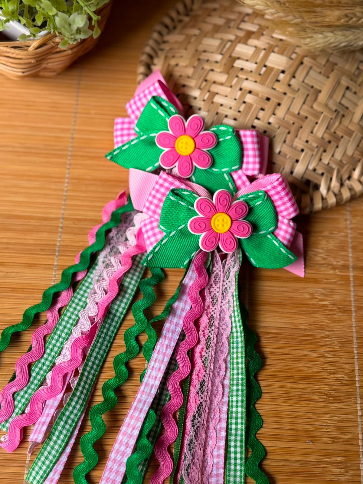 Kit parzinho de laço junino Flor rosa pink com botão