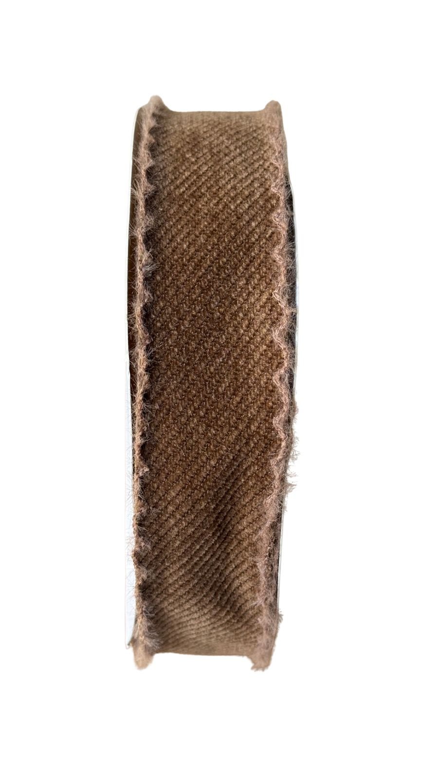Fita tweed com borda ondulada de pelinho marrom 38mm