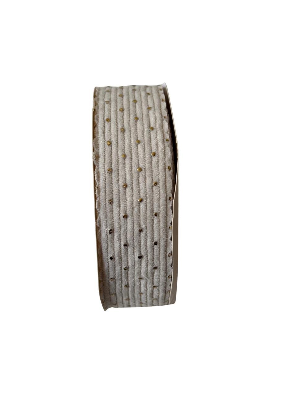 Fita de veludo cotelê borda ondulada e poá dourado - Off white 38mm