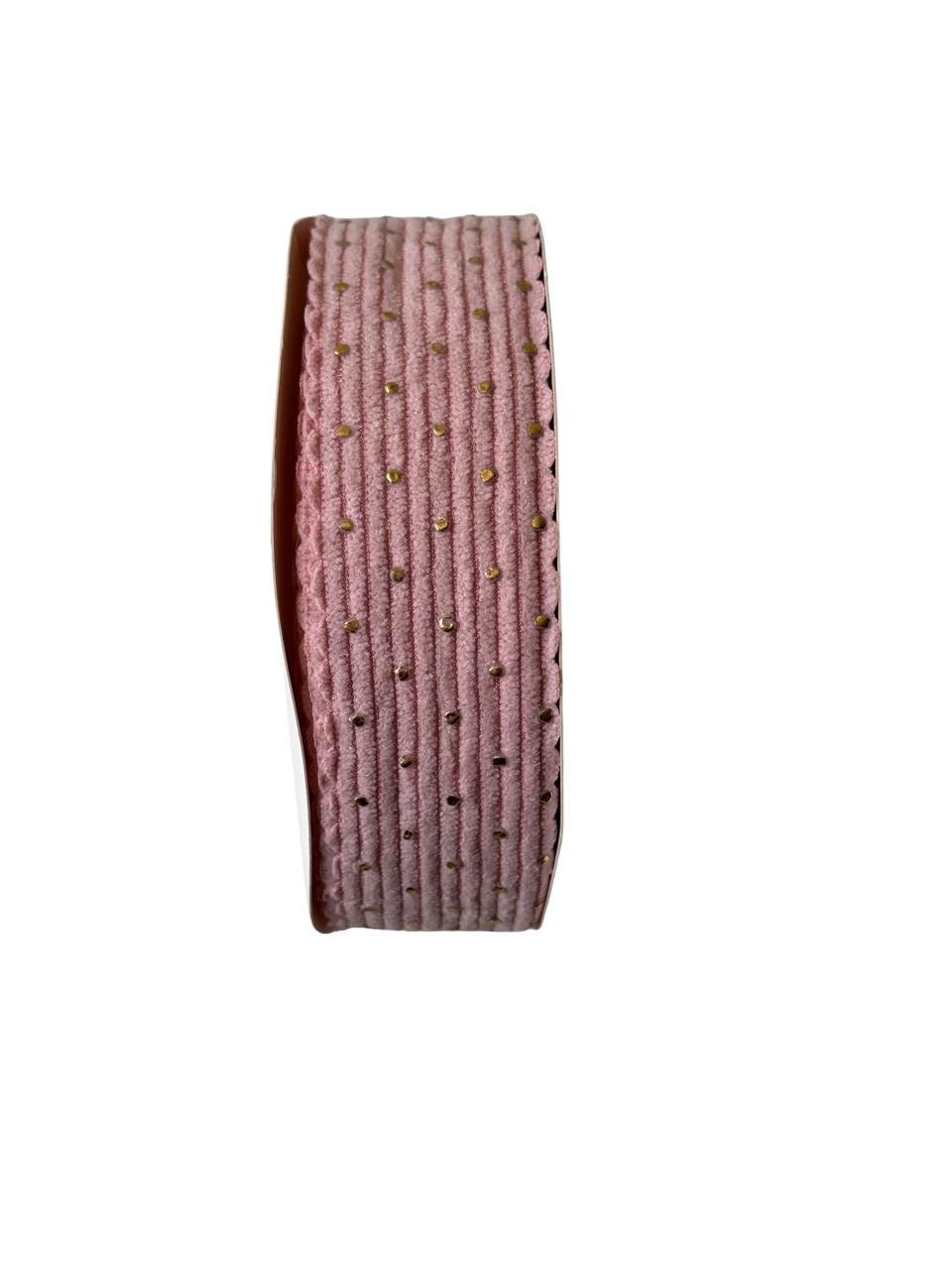 Fita de veludo cotelê borda ondulada e poá dourado - Rosa bebê 38mm
