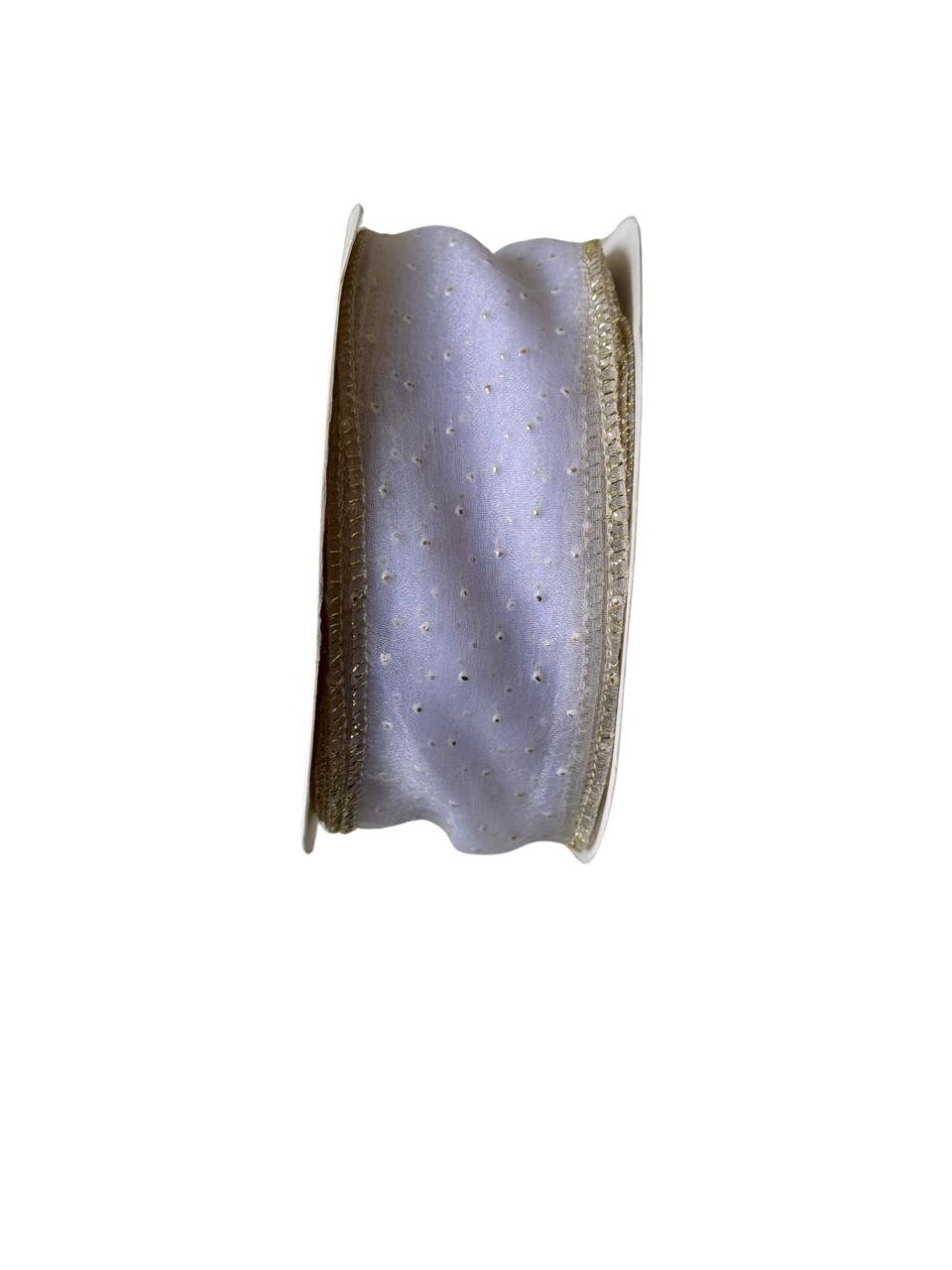 Fita organza com poá dourado - Branco 38mm