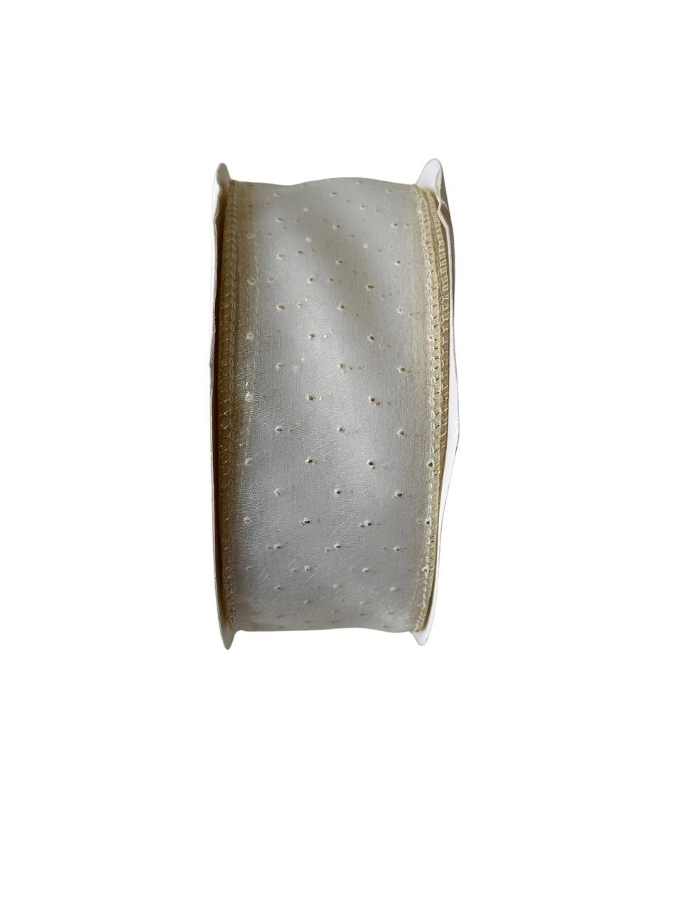Fita organza com poá dourado - Off white 38mm