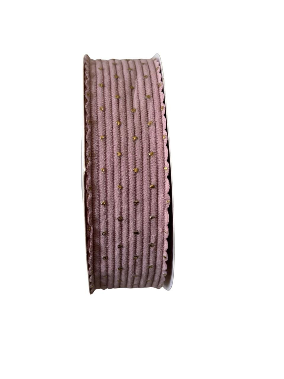 Fita de veludo cotelê borda ondulada e poá dourado - Rosé 38mm