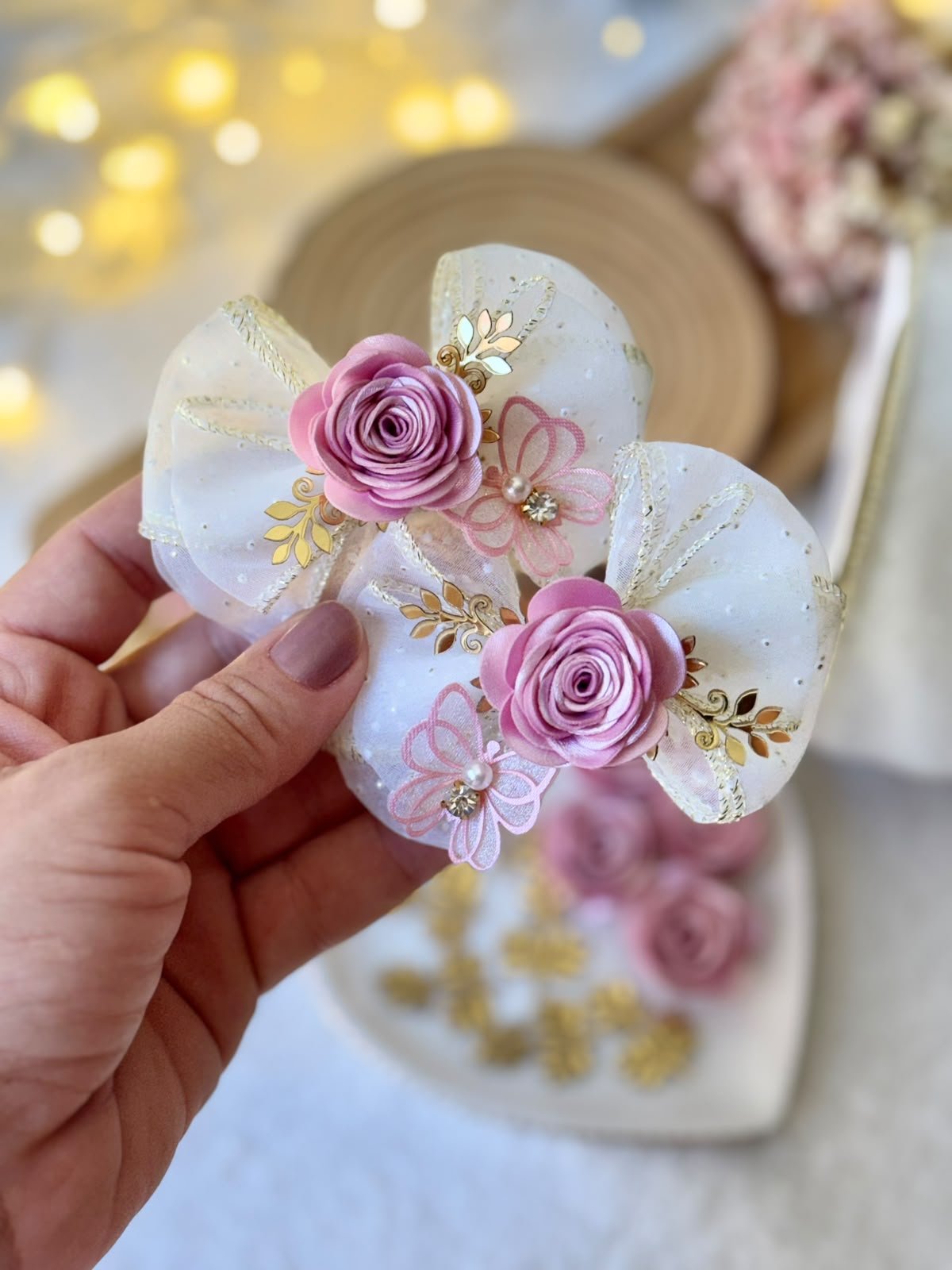 Kit para montagem par de lacinho Flor rosa chá